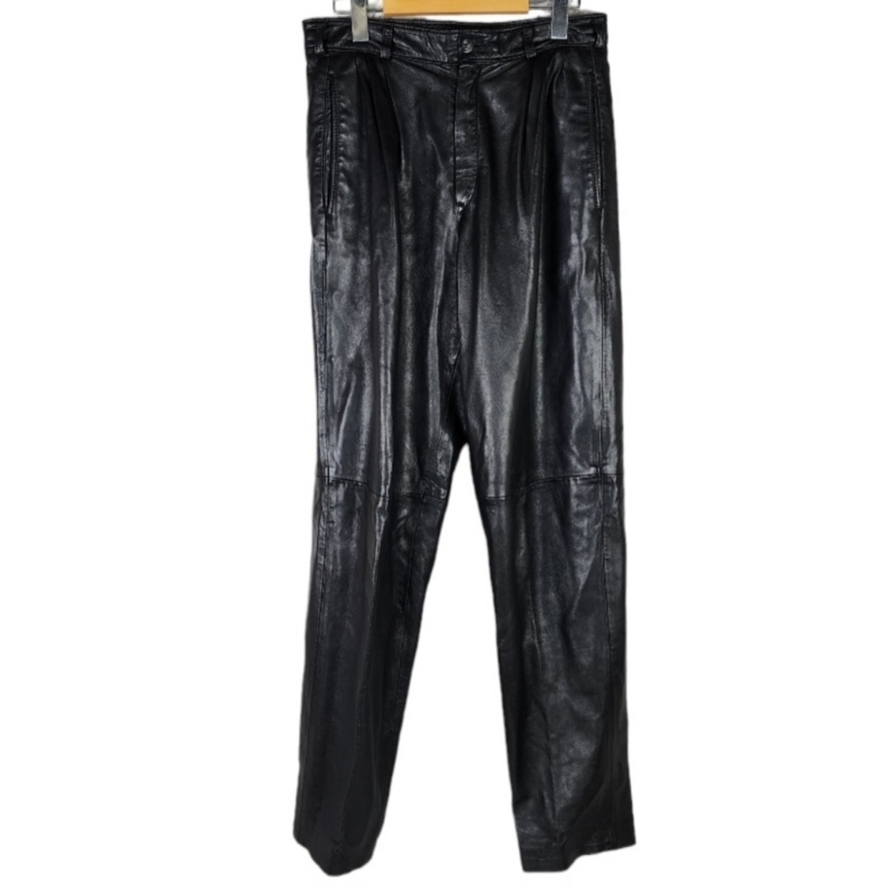 Vintage High Waist Black Leather Pant Pleated Front Taper Leg Lined Waist 28.5"